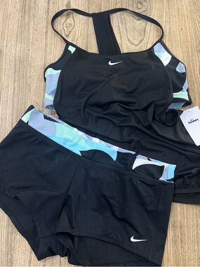 Nike Black Tankini Top & Swim Shorts with Blue Mint Print